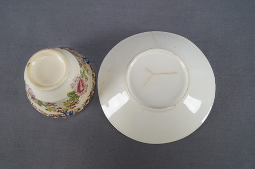 British Hand Colored Bird Pink Rose & Floral Bone China Tea Bowl & Saucer 1830 - Picture 10 of 12