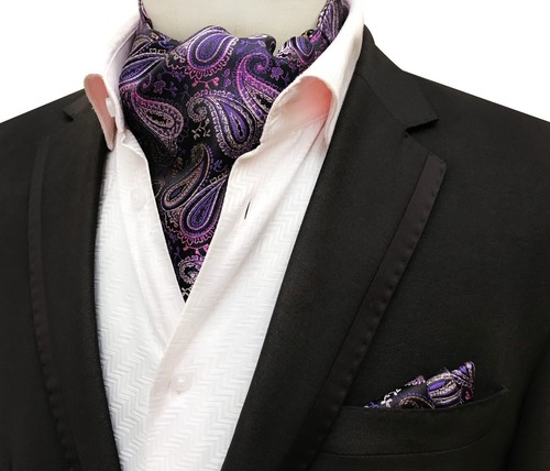 Classic Men's Ascot Cravat Tie Silk Paisley Blue Black Scarves Cravat Hanky Set - Picture 48 of 49