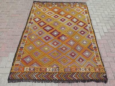 Burnt Orange Diamond Area Rug, Tribal Handwoven Home Decor Kelim Teppich 62''x84''