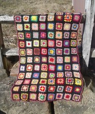 Antique Heavy Wool Baby Blanket Granny Squares Afghan 42 inches by 22 inches