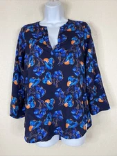 Collective Concepts Womens Size XS Blue Floral V-neck Blouse Long Sleeve