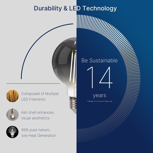 G25 LED Edison Bulbs, 5000K Daylight, Dimmable, Smoky Grey Glass, 4.5W, E26, 4Pk - Picture 3 of 4