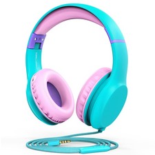 Kids Headphones 3.5mm Laced Cables Over Ear Foldable Builtin Mic Mint/Pink