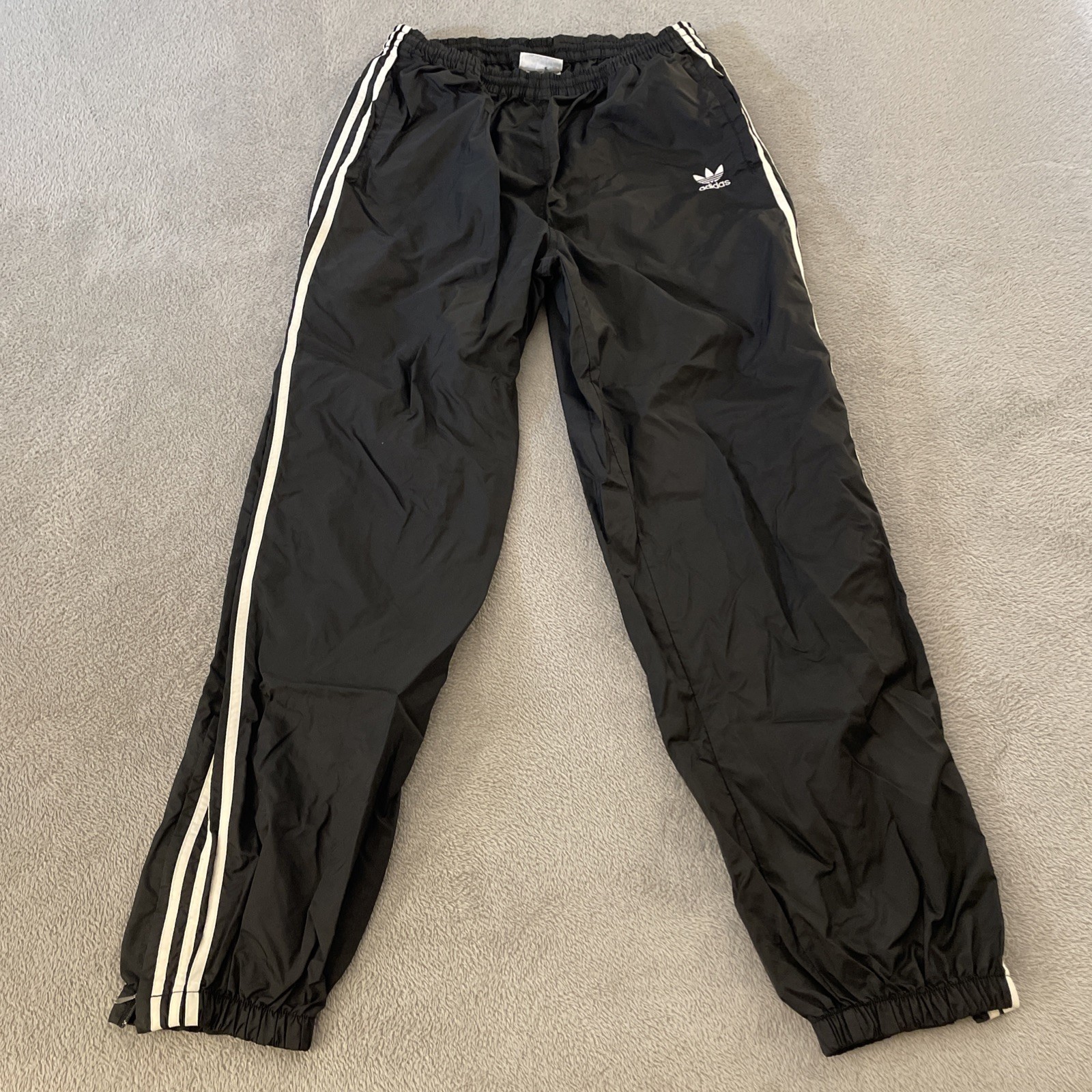 Vintage Adidas Nylon Track Pants Black White Stripe Windbreaker Y2K Mens Large L