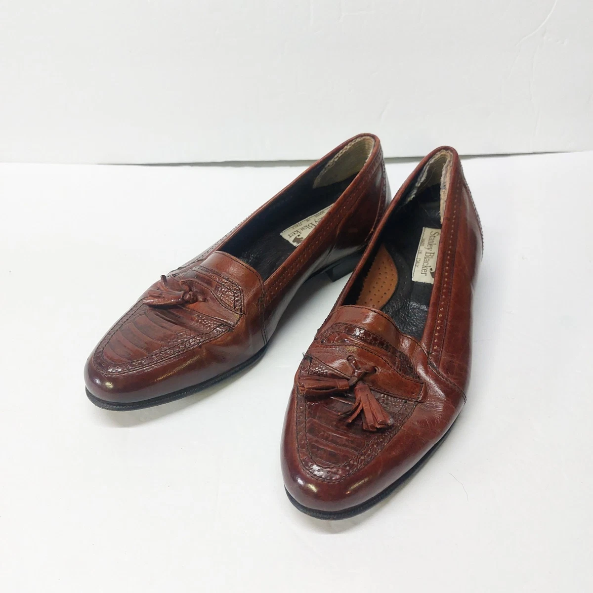 Stanley Blacker Resort Loafers Brown Leather Woven Tassel Moc Toe Shoes Men 8 M Stanley Blacker Handmade Italian Brown Leather Dress Shoes  main image 3