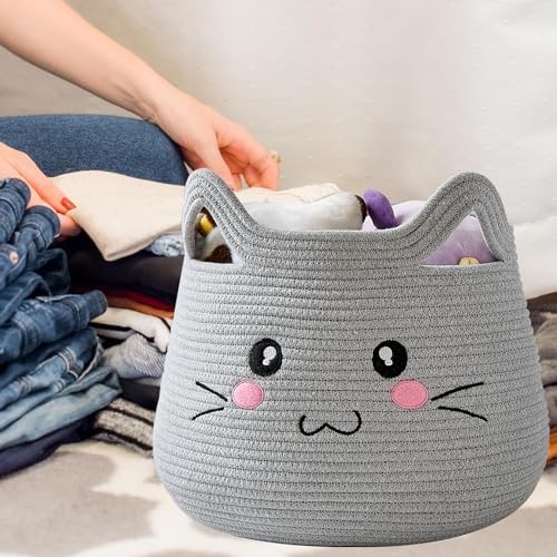  Animal Cat Basket, Cute Cotton Rope Woven Large Grey 2 Grey Cat Open Eyes