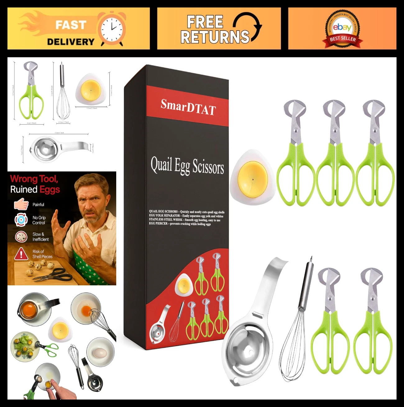 5PCS Quail Egg Tools Set - Scissors, Yolk Separator, Stainless Steel Whisk & Cut