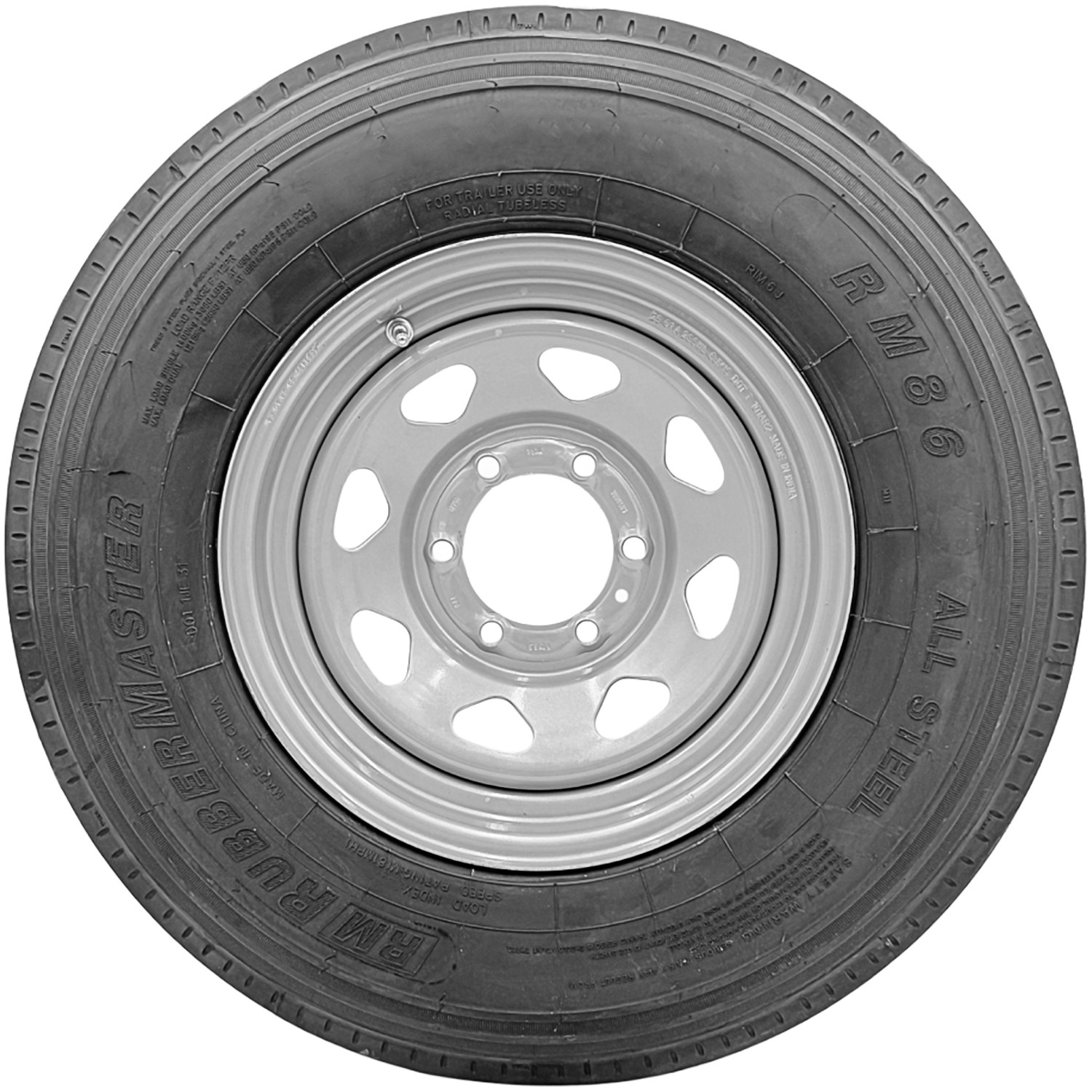 6 Assemblies RubberMaster RM86 ST 225/75R15 12 Ply 15x6 6 x 139.7 Silver 8 Spoke