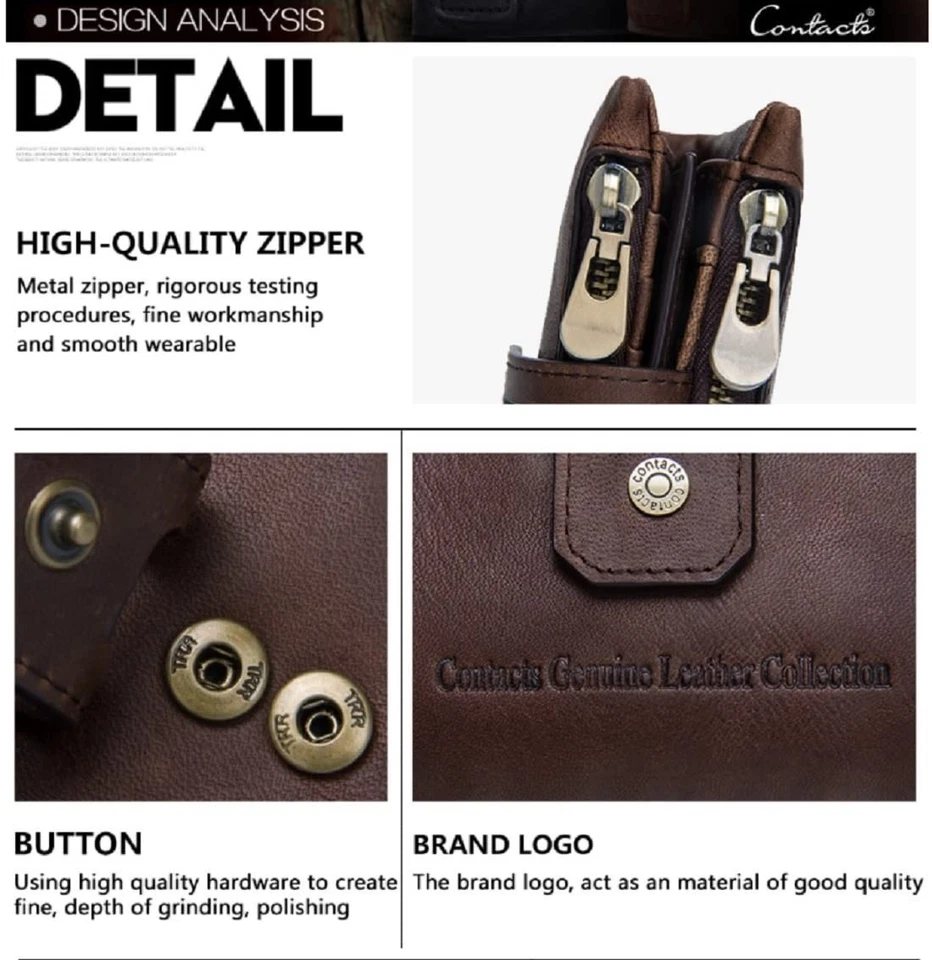 Men's Genuine Leather Wallet RFID Blocking Wallet for Men 2 Zipper Compartment - Image 4 of 4