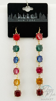 New Nicole Miller Gold Tone Multi-Color Gemstone Long Dangle Earrings Rainbow