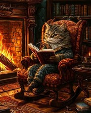 Adult Paint by Number Kits,A cat Reading a Book by The Fireplace, Relaxing DIY