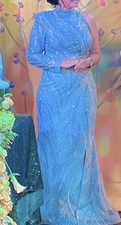 Blue Silver Sequin One Sleeve Formal Gown, High Halter Neck, Special Occasion