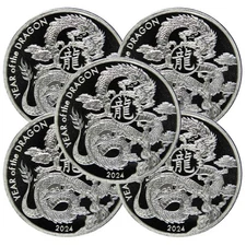 Lot of 5 - 2024 Asahi 1 oz Silver Dragon Round .999 Fine