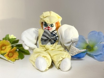Vintage Mini Porcelain Hobo Clown Doll Shelf Sitter w Yellow Outfit-Retro Jester