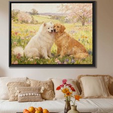 Floral Dog Art Samoyed Wall Art Golden Retriever Canvas Print Living Room Decor