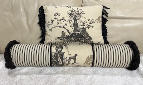 Black & Cream Toile Lumbar Throw Pillows French Country Set Of 2 30”