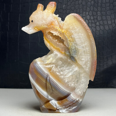 Natural Crystal  Specimen.Agate Crystal cluster. Hand-carved DRAGON.Statue.MJ