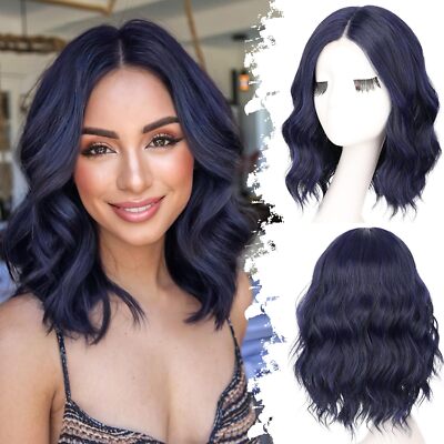 100% Human Hair Wigs Dark Blue Short Wavy Wig 13x4 Lace Front Wigs