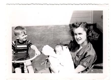 Woman & Baby w/ Proud Son on Tricycle Vintage 1950's B&W Photo 3 1/2" x 4 1/2"  
