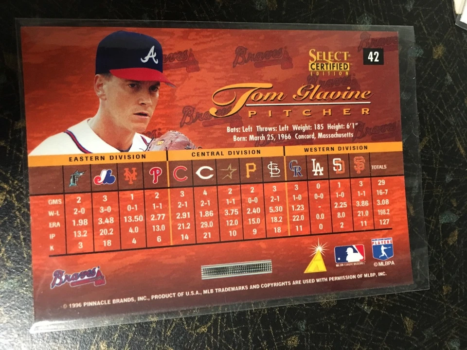 PINNACLE SELECT CERTIFIED EDITION 1996 TOM GLAVINE CARD 42 ATLANTA BRAVES - Image 2 of 2