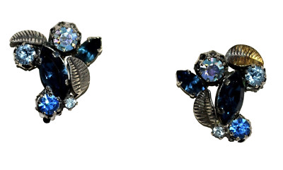 Vintage Triad Dark Green Rhinestone & Blue Aurora Borealis Clip Earrings
