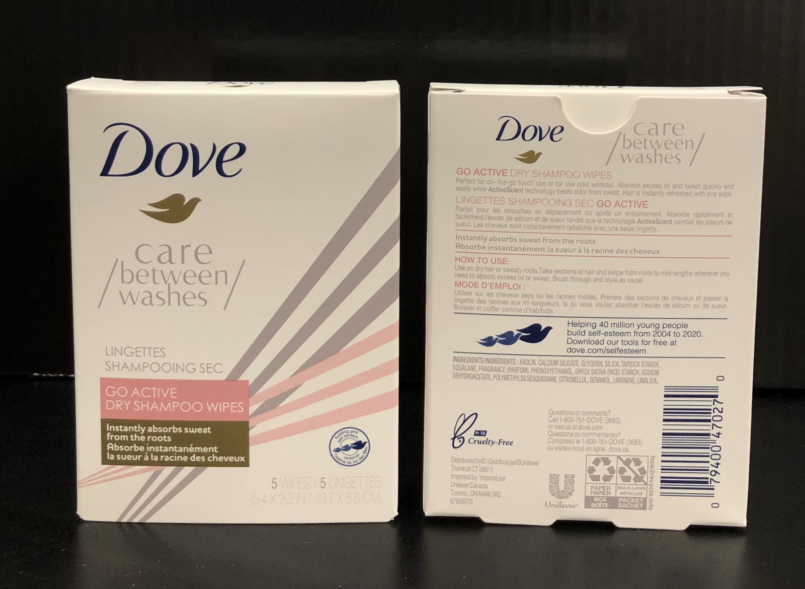 2 Pack Of Dove Care Between Washes Go Active Dry Shampoo Wipes 5 Each Pack NEW!