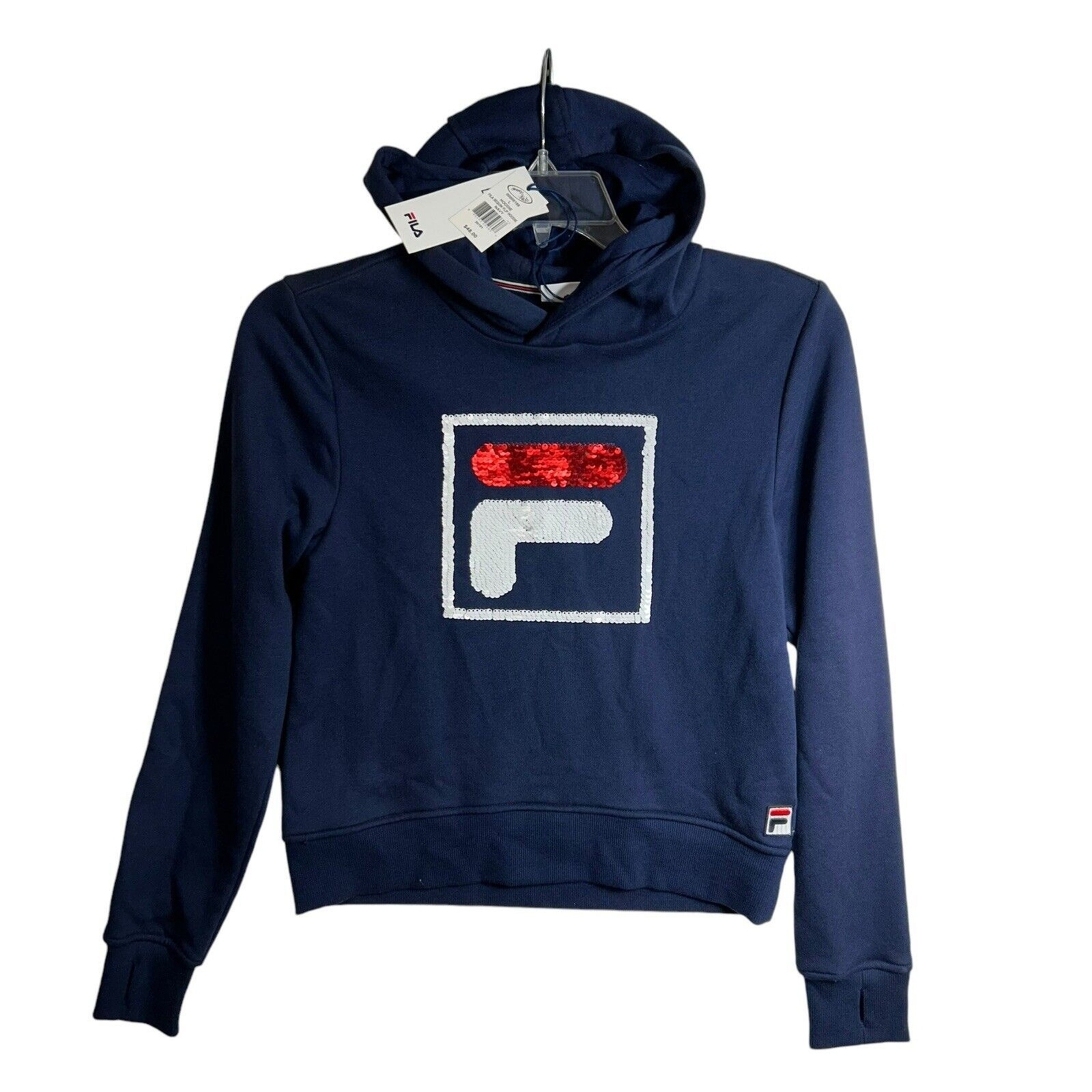 Felpa con cappuccio Fila bambina grande rosso navy bianco paillettes logo ribaltabile nuova con etichetta
