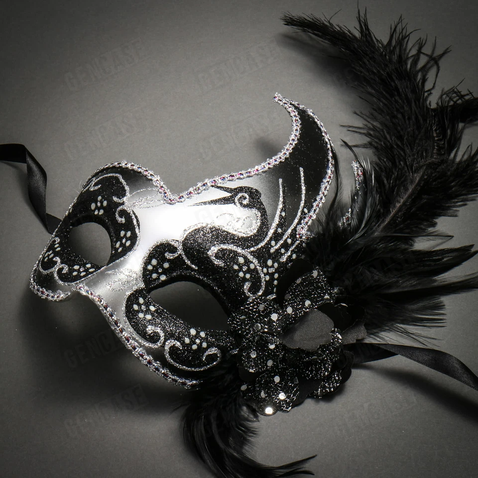 Silver Venetian Carnival Side Black Feather Masquerade Mask Mardi Gras Party - Image 2 of 4