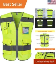 Hi-Vis Safety Vest – 9 Pockets, Reflective Strips, ANSI/ISEA Certified, Medium