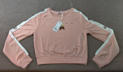 MIMI New York Destroyed Crop Pullover Sweatshirt Small Blush Pink White Trim