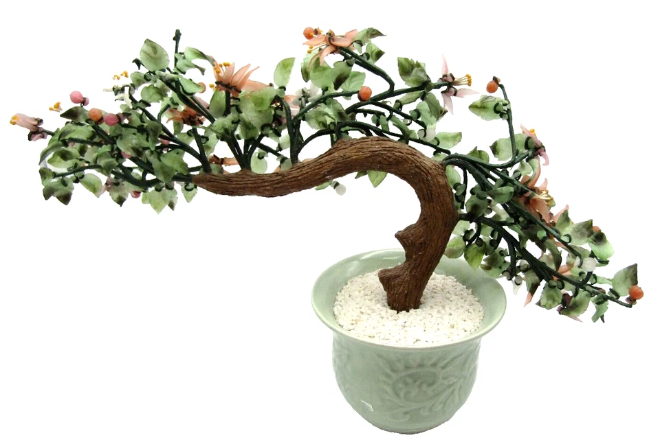 Bonsai Árbol de Jade Vidrio con Flores Rosadas en Maceta Celadon Hermosa Lg Cascada Foto 3 de 3
