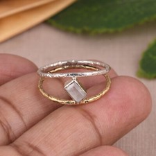 Two Tone Double Hammered Band Ring With Moonstone Birthday Gift For Daughter