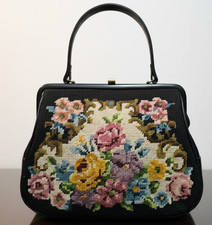 Vintage 1960s Floral Needlepoint Kiss Lock Frame Handbag Top Handle Retro Purse