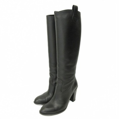 GUCCI Long Leather Boots Heels Black Size 37 Approx 23.5cm