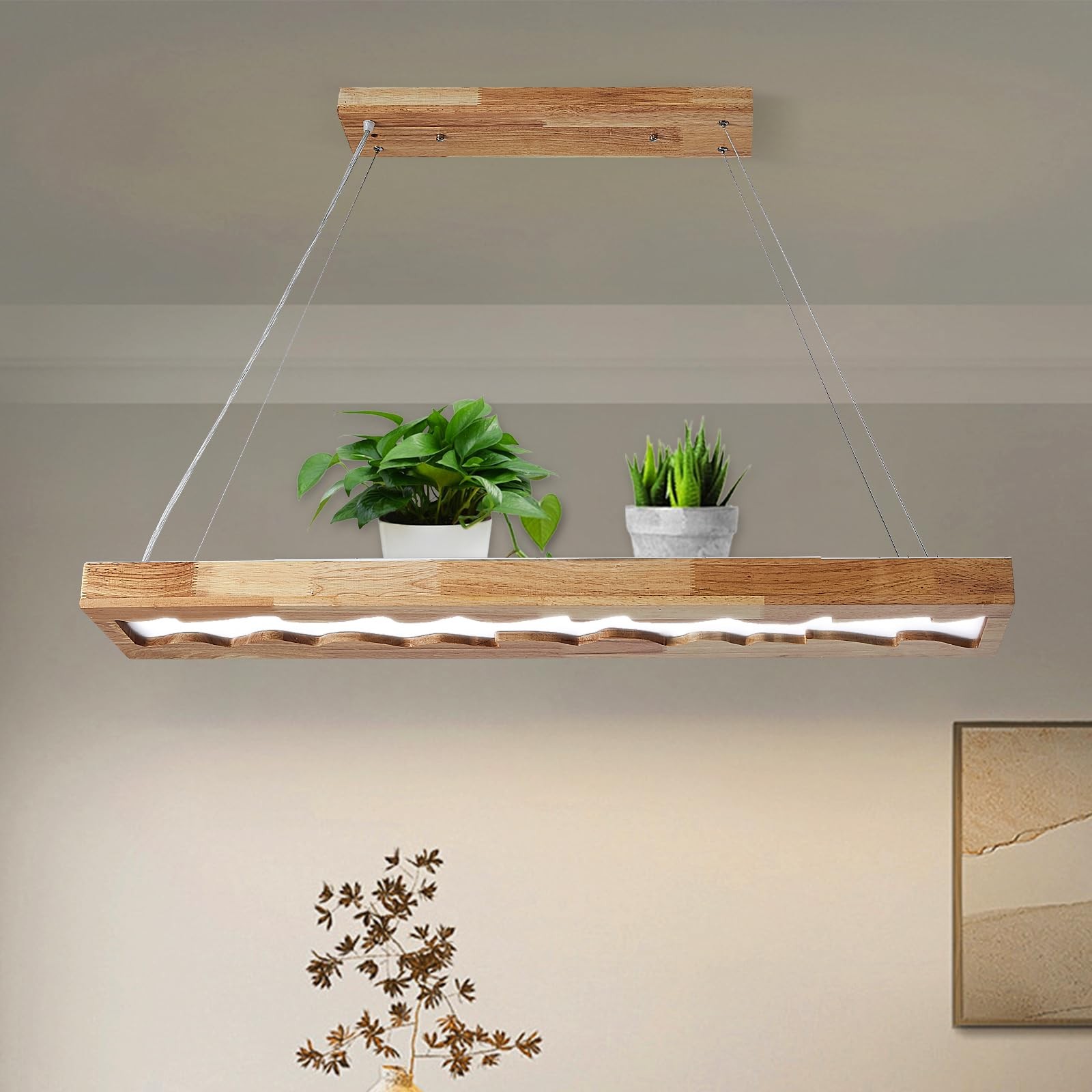 Lustre LED salon en bois à intensité réglable par télécommande
