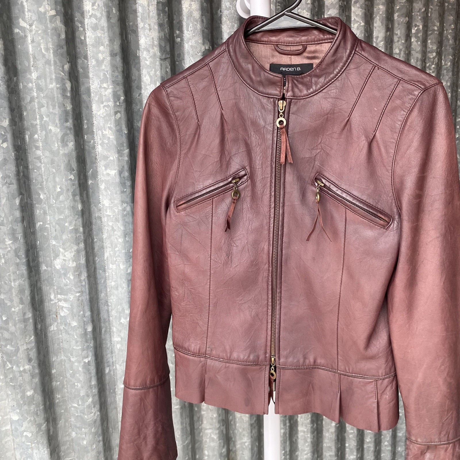 VTG Y2K Arden B Burgundy Lamb Leather Moto Jacket Size Small