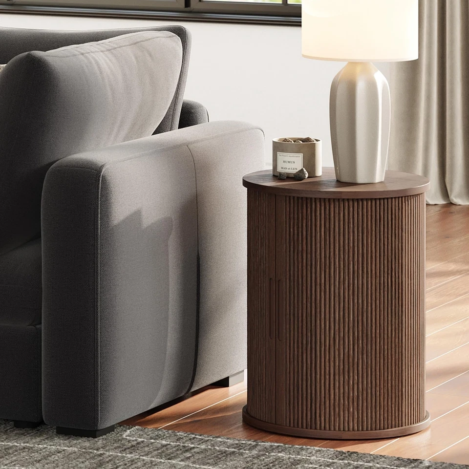 Mesa auxiliar redonda acanalada, mesita de noche alta moderna de mediados de siglo con almacenamiento, final... Foto 4 de 4