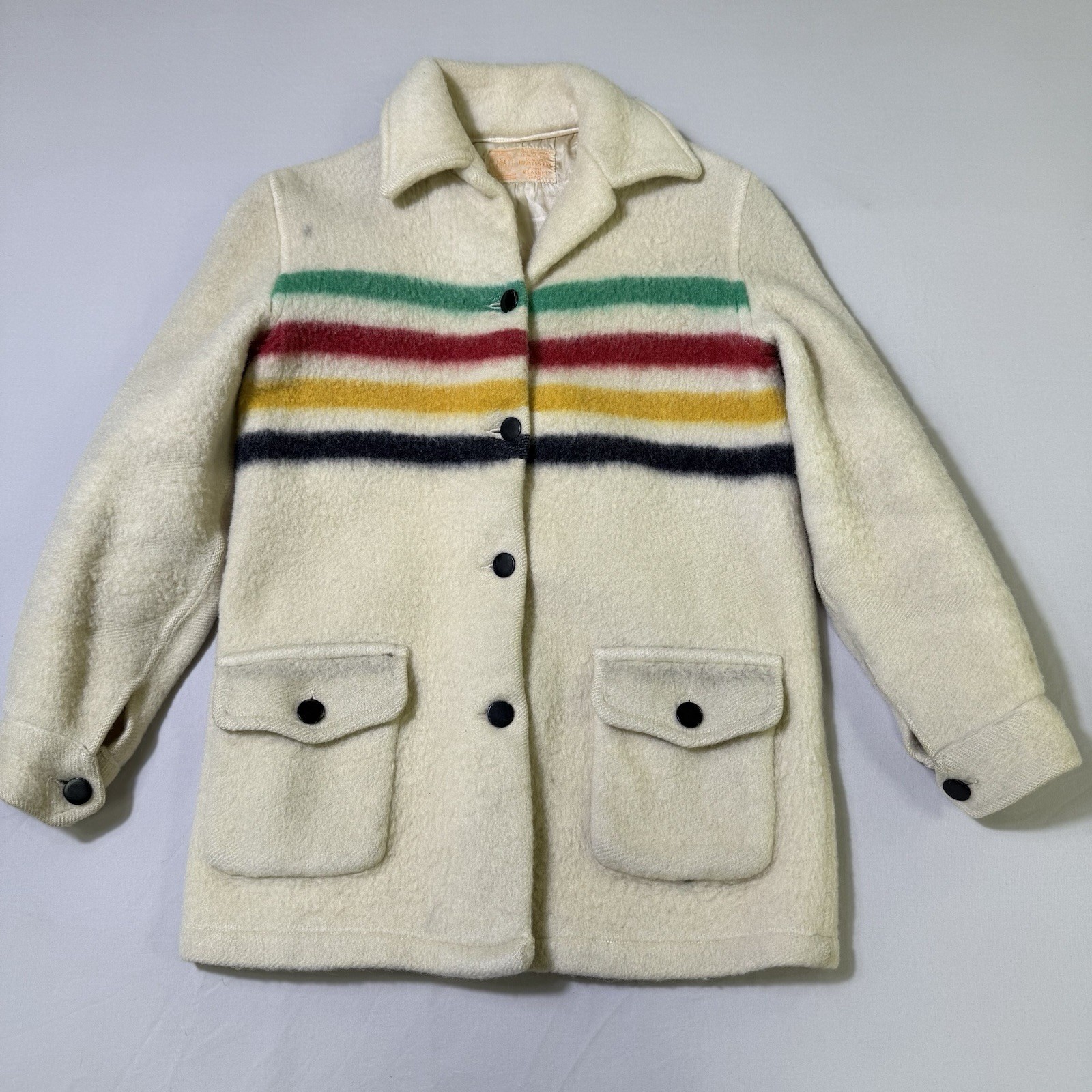VTG Hudson's Bay Co Wool Point Blanket Jacket Coat Rainbow Stripes 50s 60s
