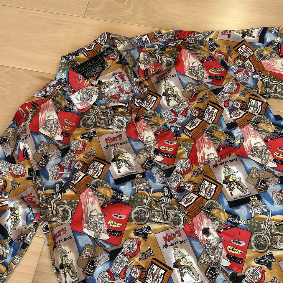 Camisa de campamento de seda Nicole Miller Harley Davidson cuello bucle para hombre pequeña Foto 2 de 4