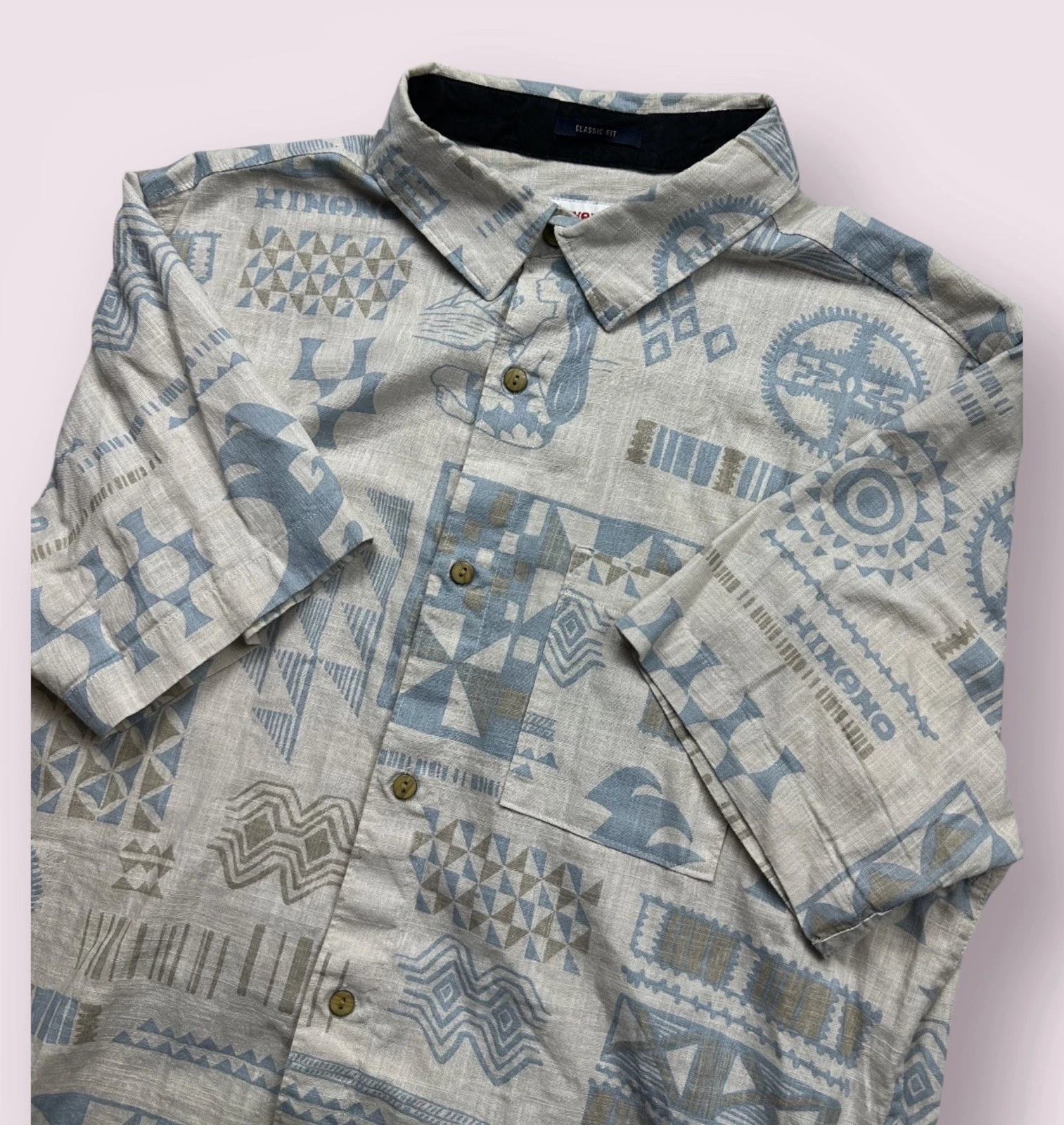 Men’s Roark Hinano Tribal Hawaiian Button Up Shirt Short Sleeve Hiking Sz M Blue