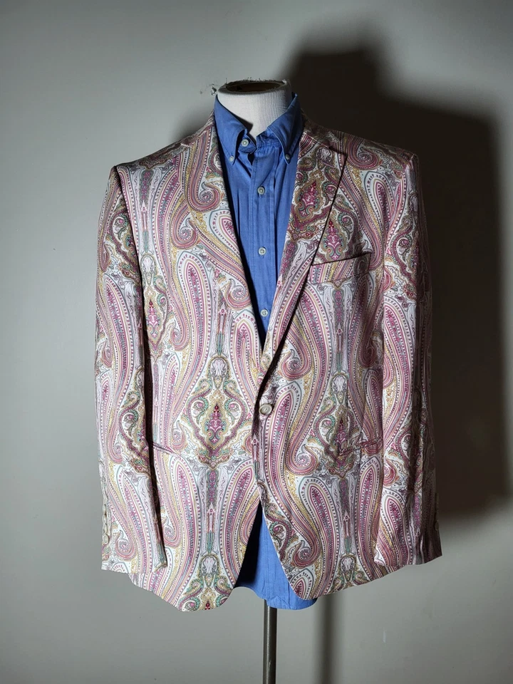 Chaqueta Blazer Abrigo Blazer Tallia Rosa Verde Azulado Estampado Cachemira 44R Algodón Texturizado Nuevo en Caja Foto 4 de 4