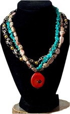 Boho Tribal Dzi Bead Turquoise Jasper Necklace Red Coral Pendant 20”