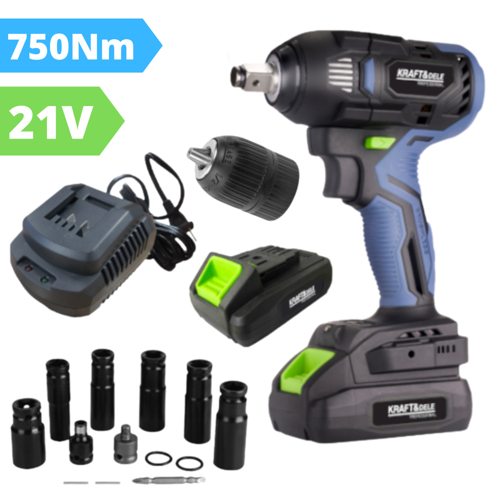 Set Avvitatore a Percussione a Batteria 21V KD3408 Impact Wrench Mobile con Dadi