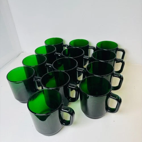 Vintage Arcoroc France Emerald Green Glass Mugs Set of Thirteen