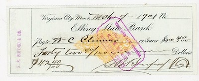 1901 Elling State Bank Virginia City Montana Check S.R. Buford & Co W.C. Clemens