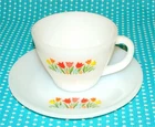 Vtg Anchor Hocking Fire King White Milk Glass Tulips Teacup & Saucer Set Cup