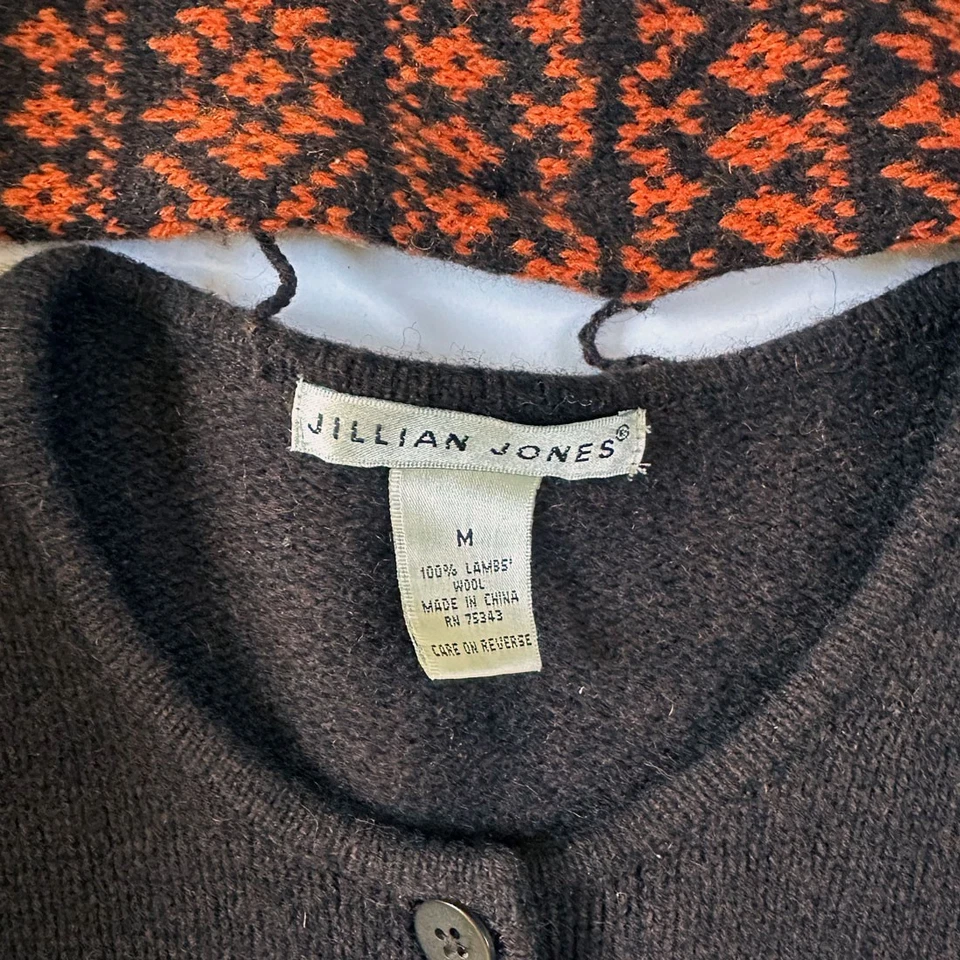 Cardigã suéter vintage Jillian Jones conjunto de cachecol M Fair Isle lã de cordeiro café expresso - Imagem 4 de 4