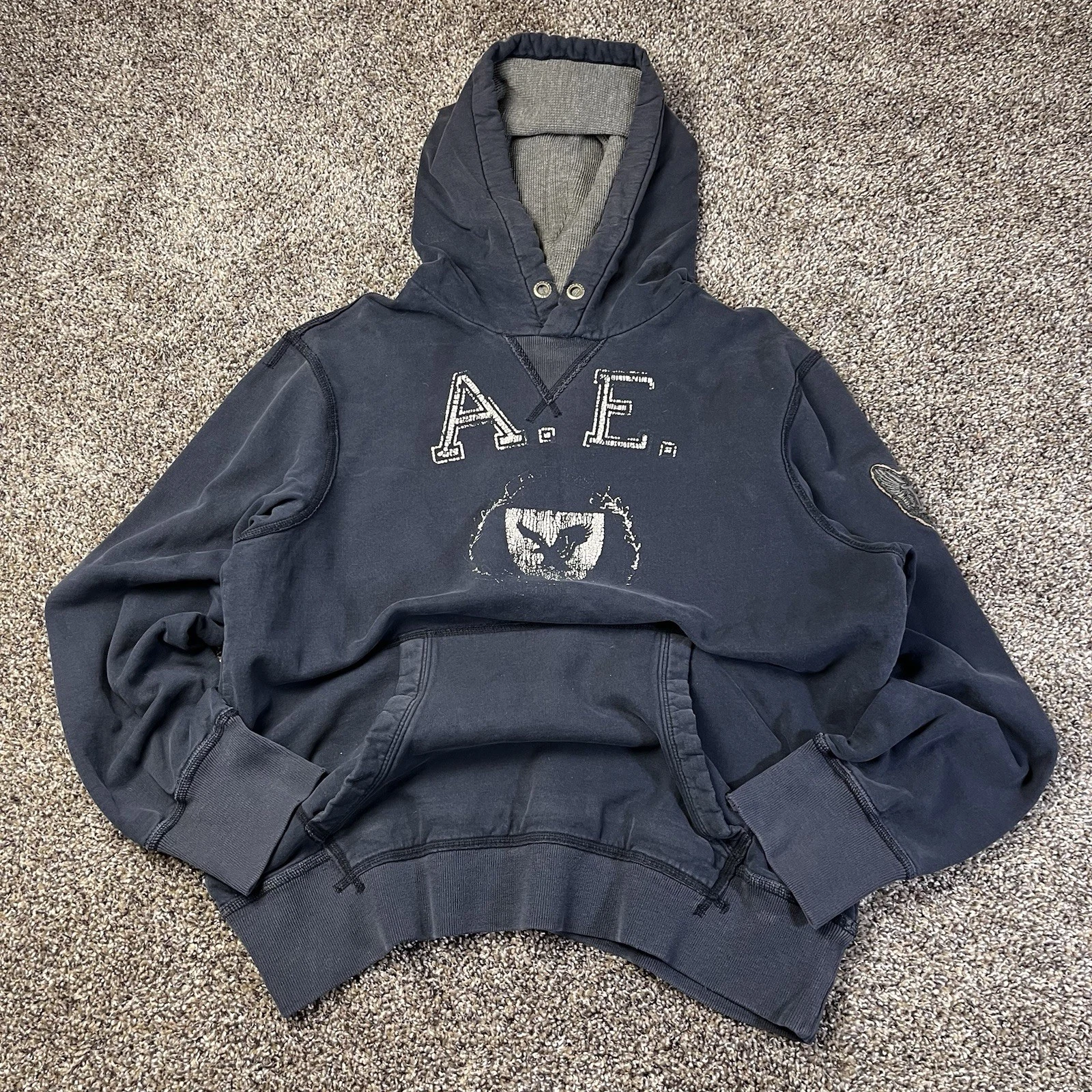 Vintage Y2K American Eagle Mens Size L Thermal Lined Navy Pullover Hoodie Faded