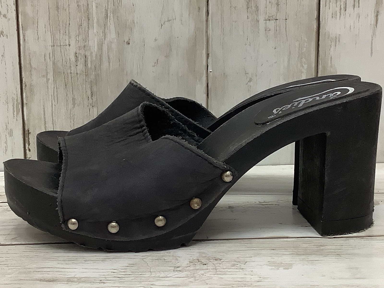 Vintage 1980s Candies Original Black Leather Studded Block Heel Slides