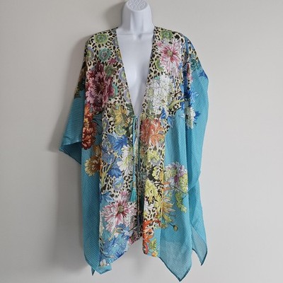 Johnny Was Kimono Womens L/XL Blue Leopard Floral Short Coastal Colorful Layer